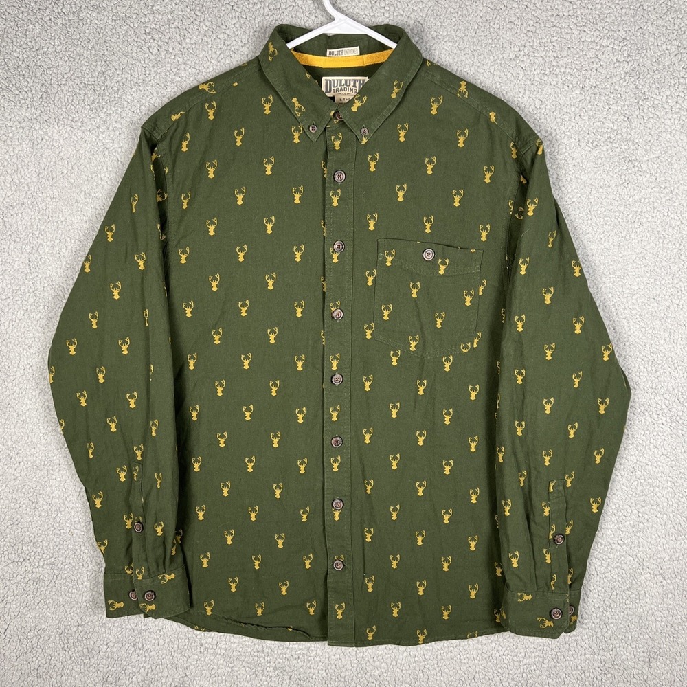 DULUTH Trading Untucked Mens LT Relaxed Fit Flannel Shirt Green Deer Buck Print‎
